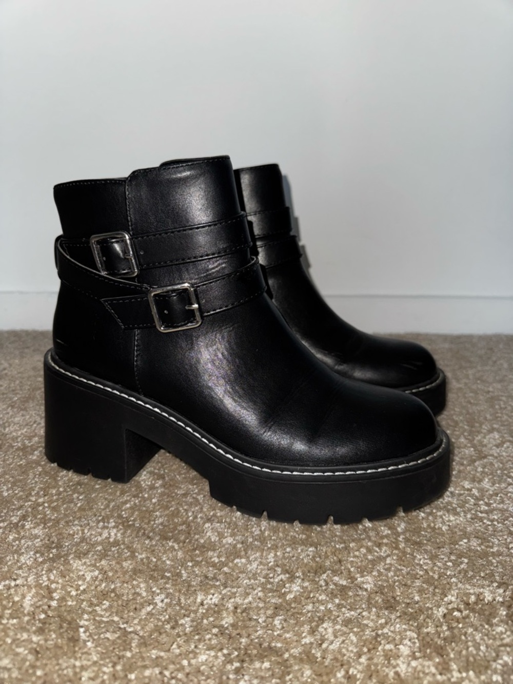 Madden Girl Black Lug Sole Buckle Ankle Boots